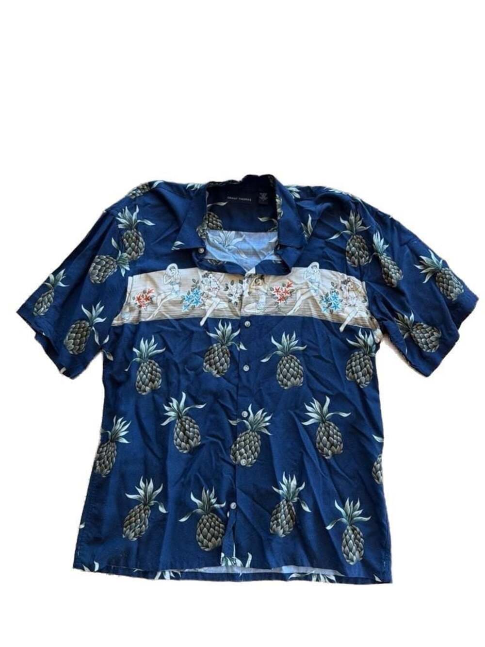 Grant Thomas Pineapple & Pin-Up Girl Rayon Hawaiian Shirt Size L